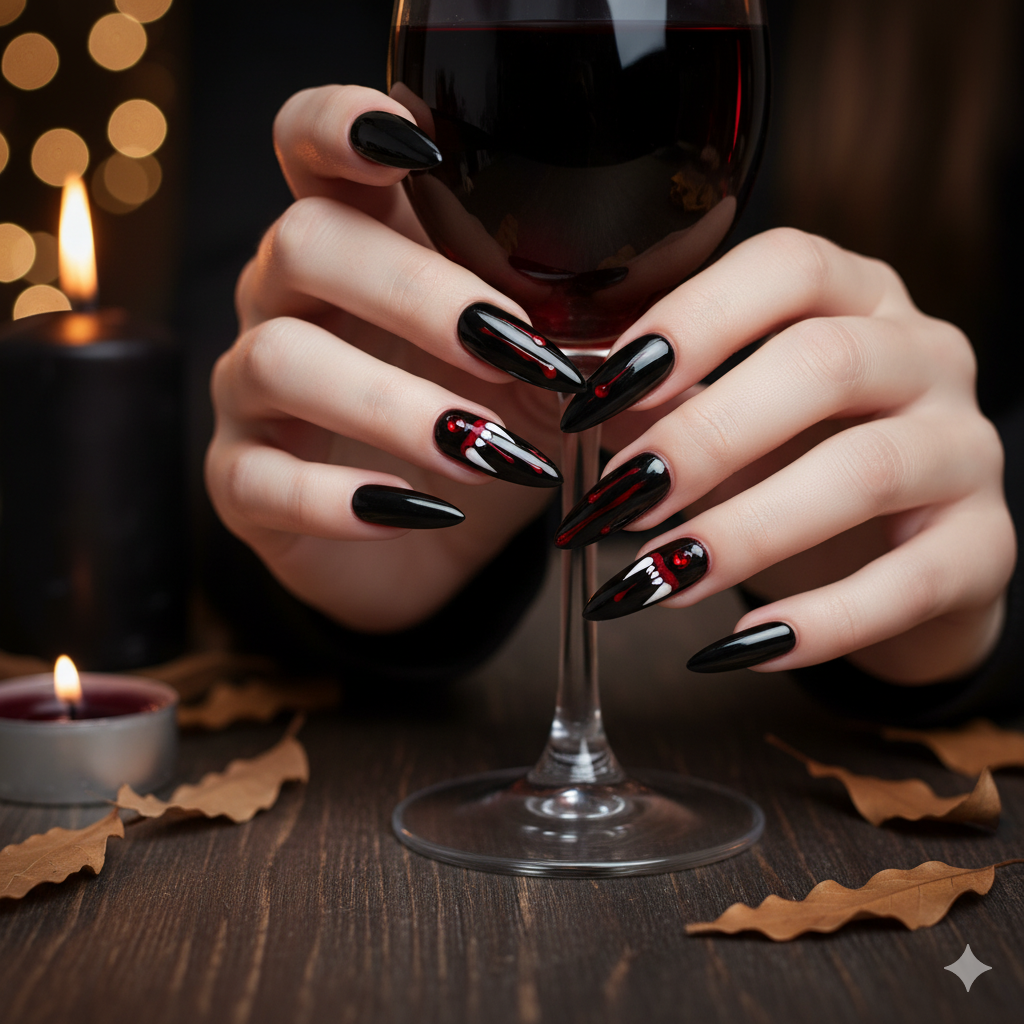 Black and Red Chic Halloween Nails