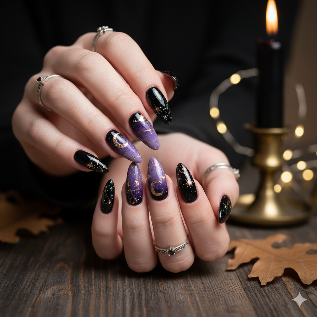 Black and Purple Night Inspired Halloween Nails