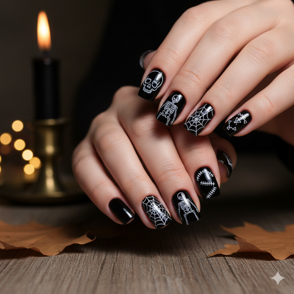 Black and White Halloween Nail Art