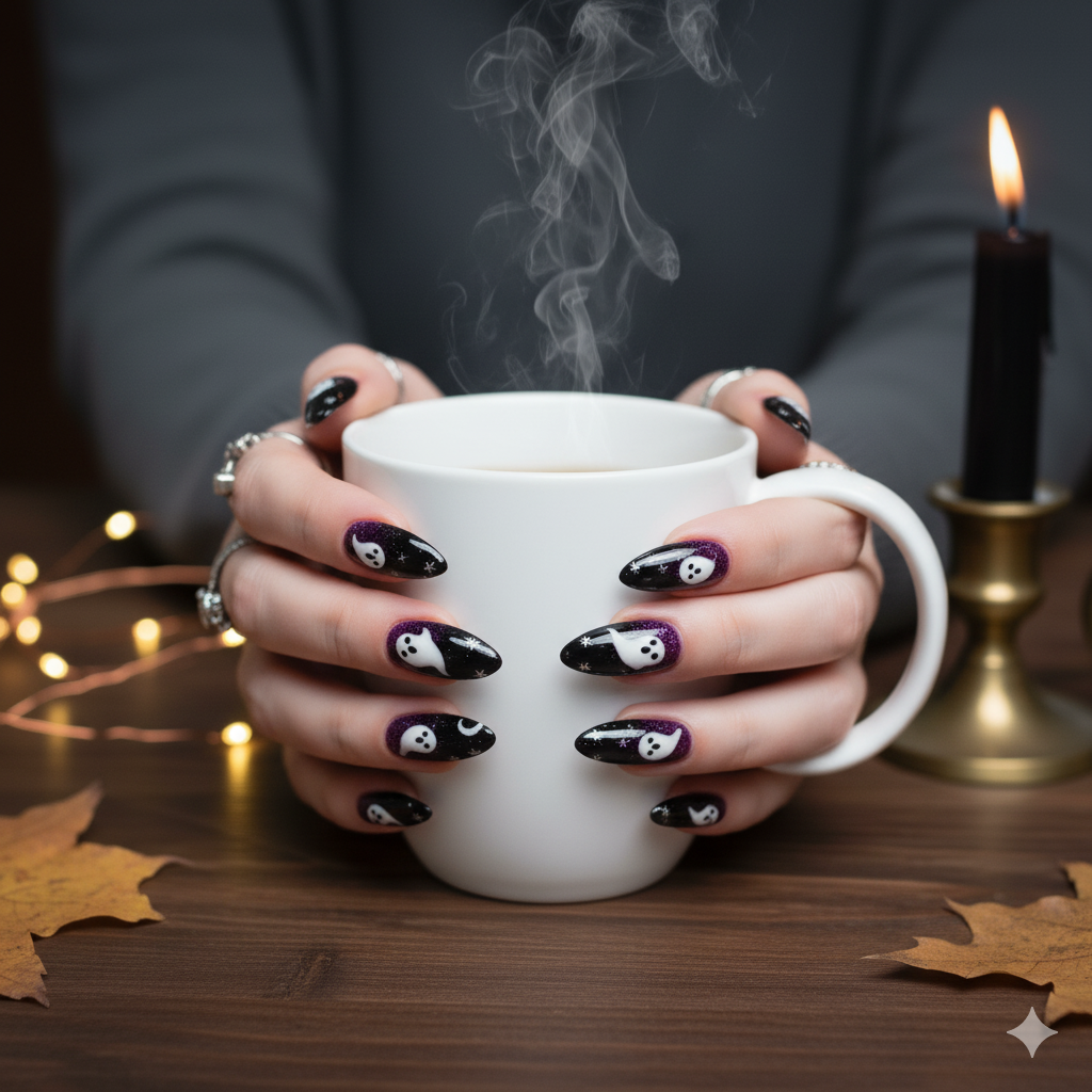 Purple and Black Nails with Happy Ghost Motifs