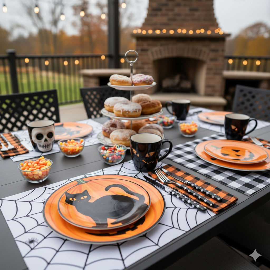 Breezy Halloween Eve Tea Setting on the Patio