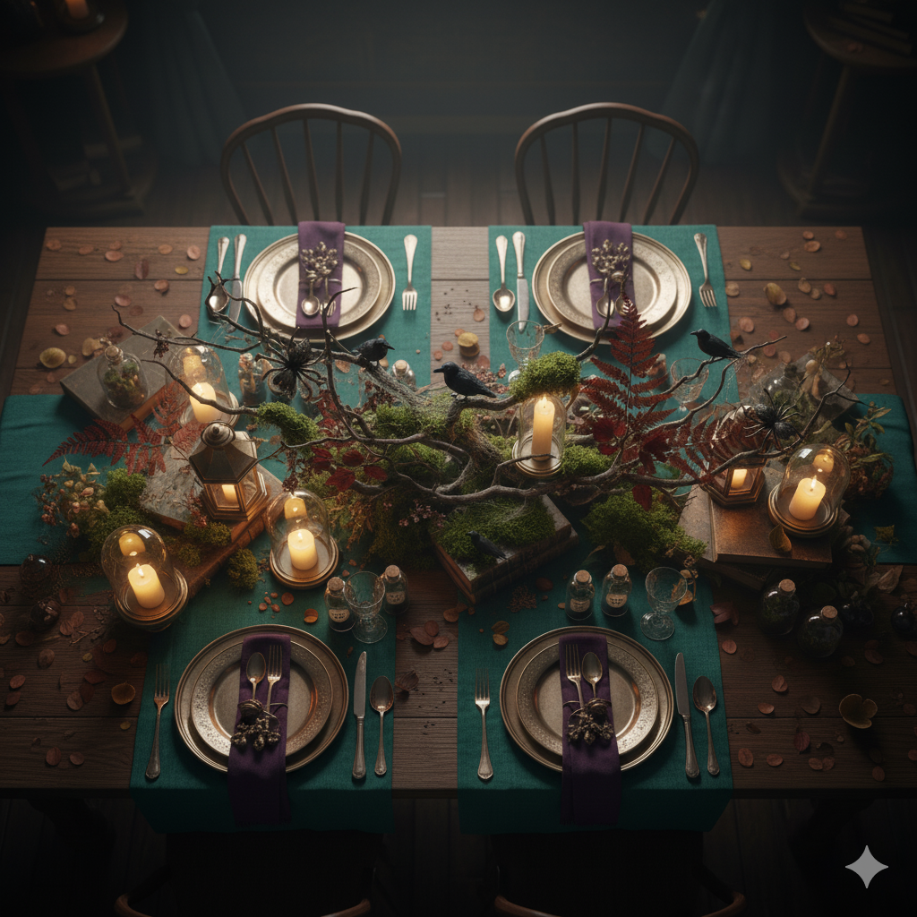 Enchanted Forest / Woodland Witch Tablescape for Vintage Halloween Decor