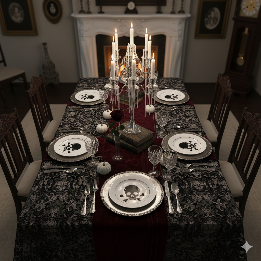Classic Haunted Mansion Dinner Party Tablescape for a Vintage Halloween Decor