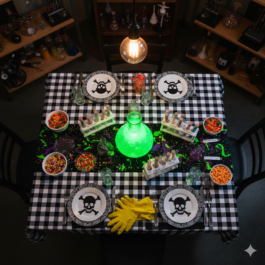 Mad Scientist’s Laboratory Brunch Tablescape for a Vintage Halloween Decor