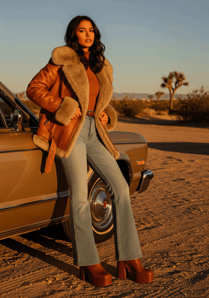 Retro Glam: Cognac & Flare Jeans