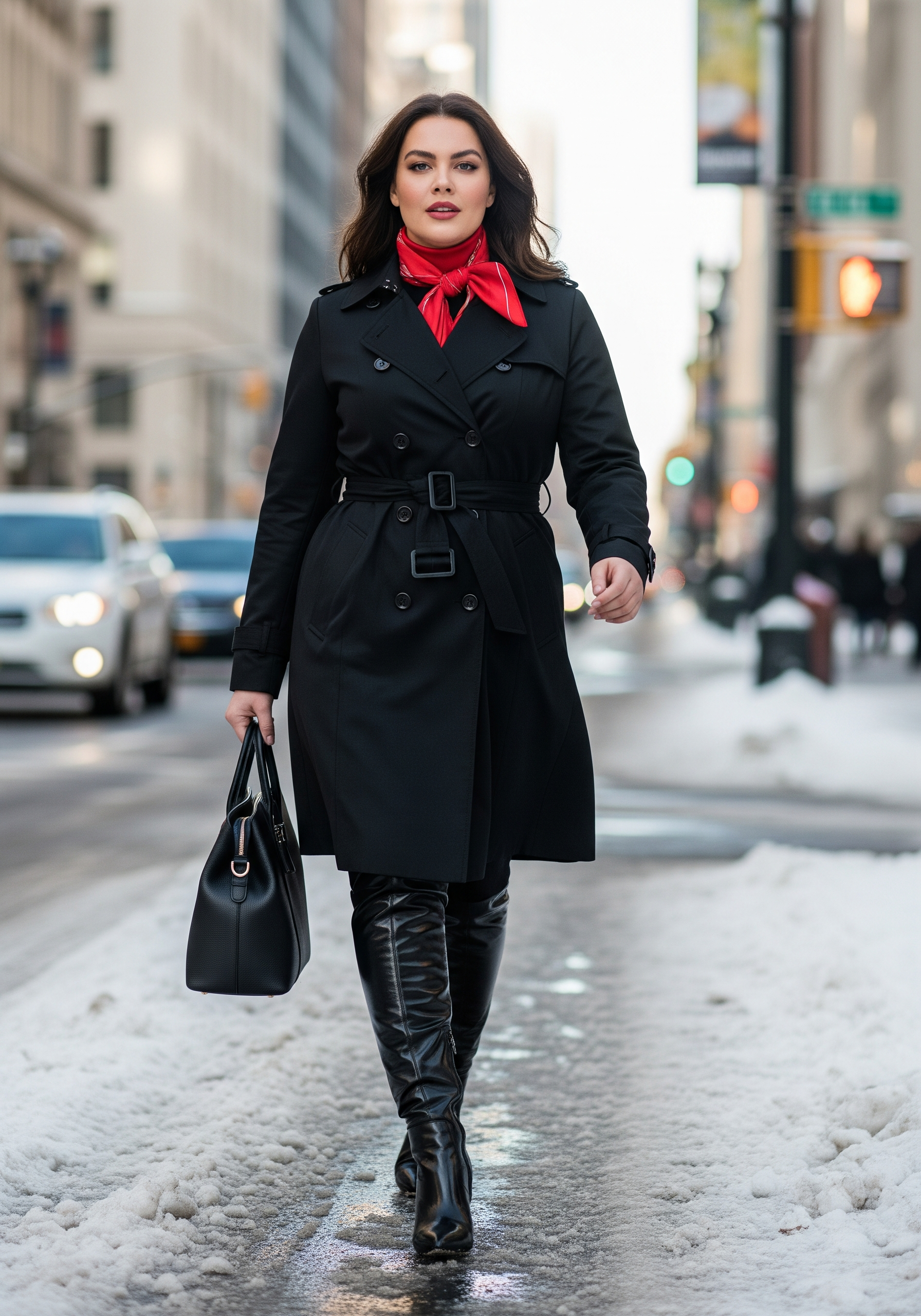 Black Trench Coat Anchored Plus-Size Winter Outfits Ideas
