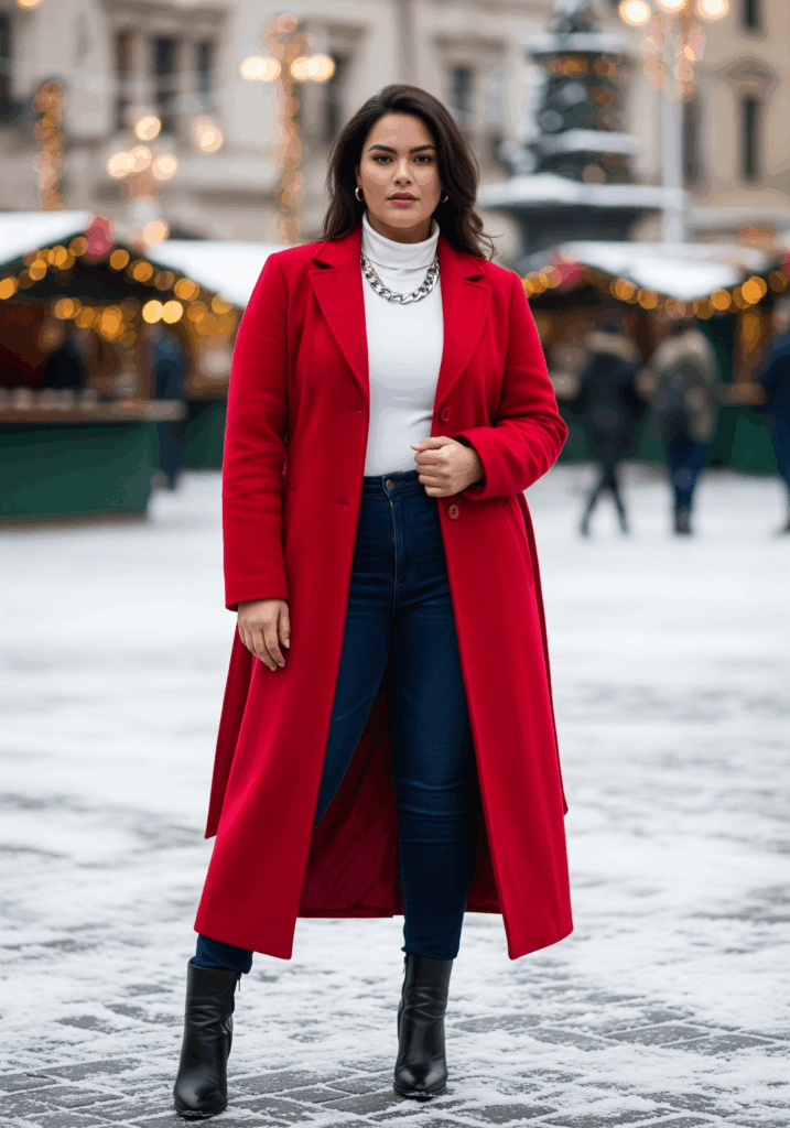 Christmas Cheer in a Bold Red and White Plus-size Winter Outfit