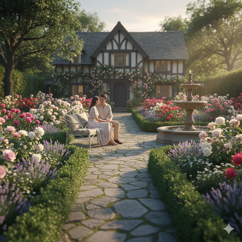 Backyard Landscaping for a Home in Tudor Style