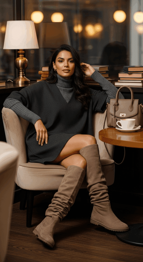 winter dress outfit with boots: Gray, Leather, Slouchy Suede 