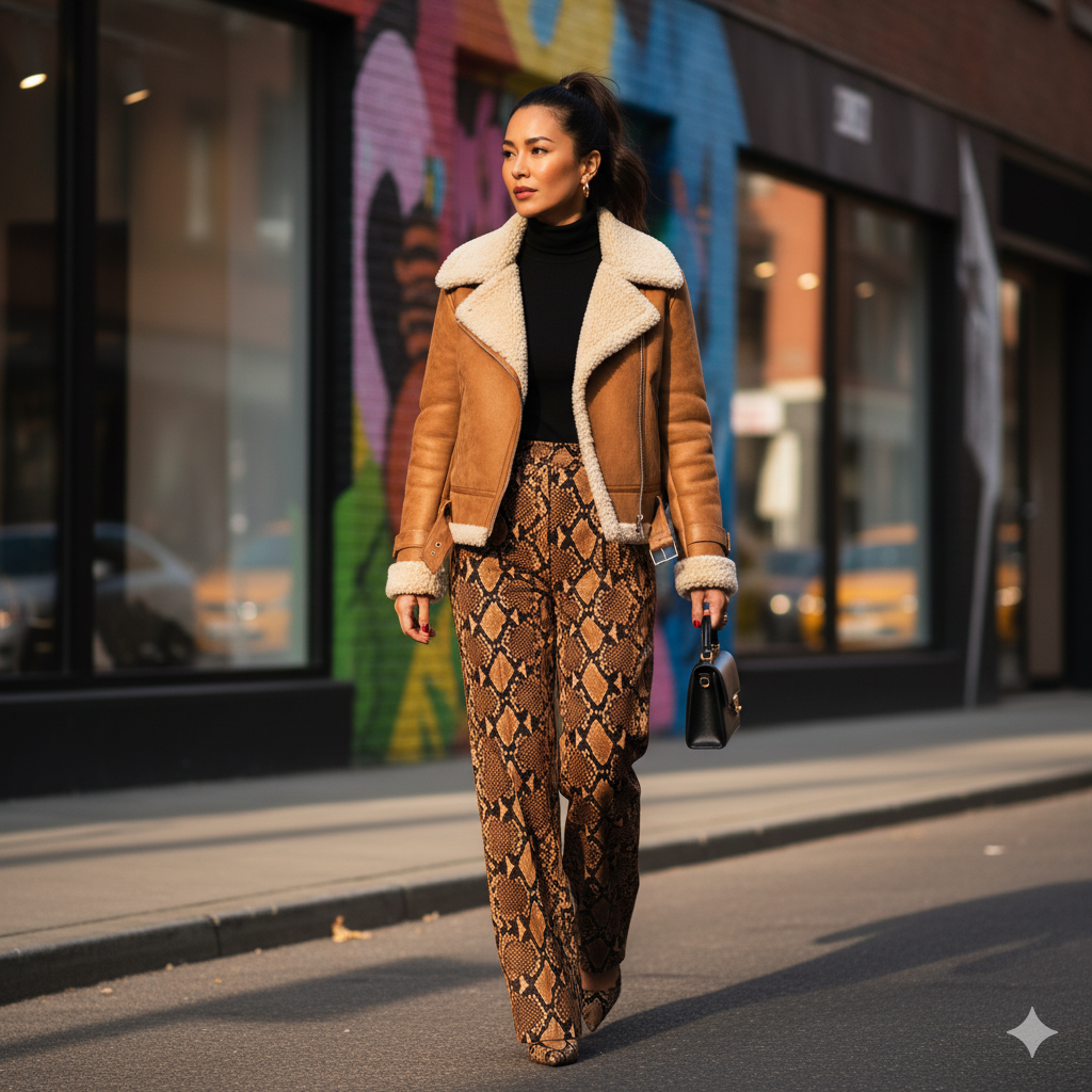 classic faux shearling aviator jacket with python-printed pants