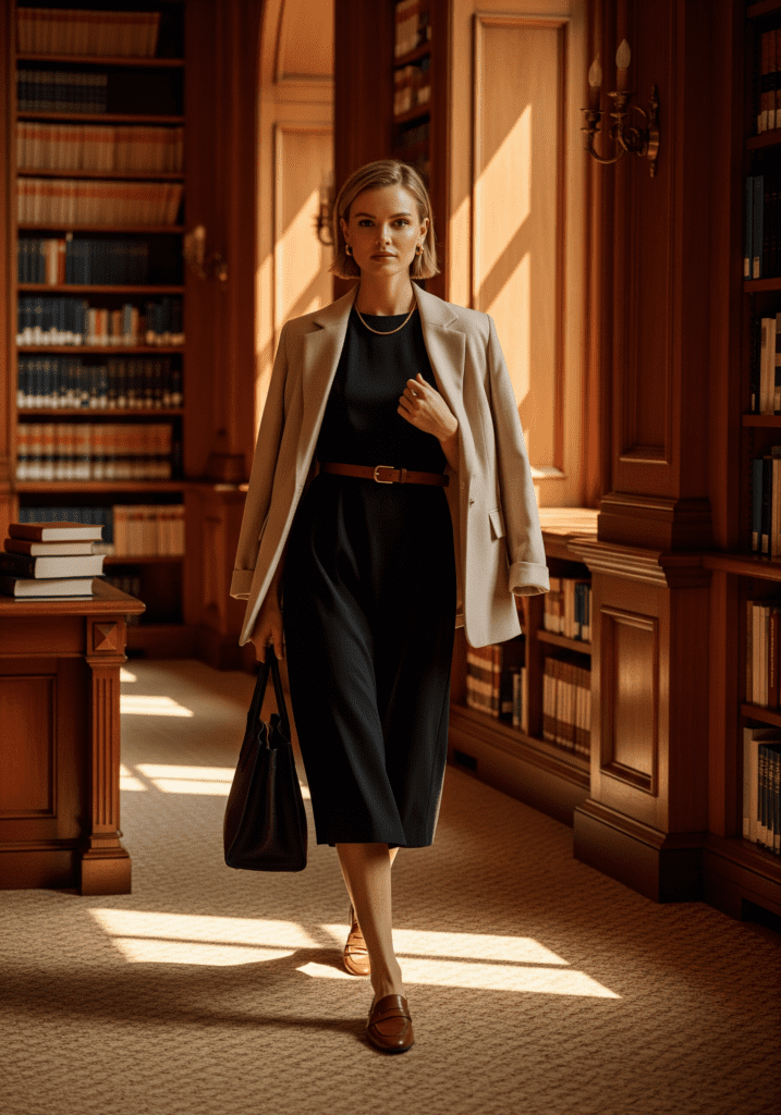 Beige Blazer Layering on Black Dress