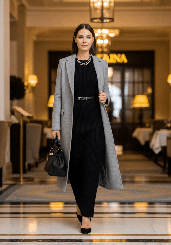 The Impeccable Black Ribbed Power Maxi Winter Dress