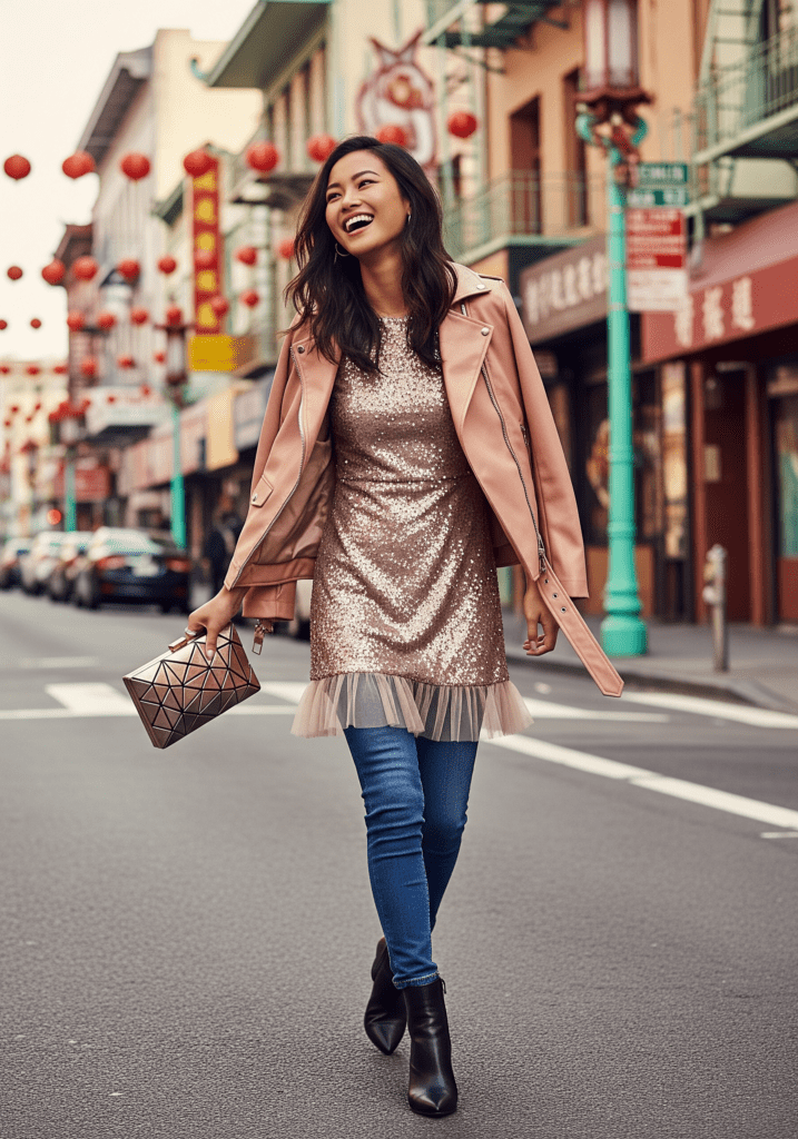 Sequined Winter Dress Outfit - Street Style