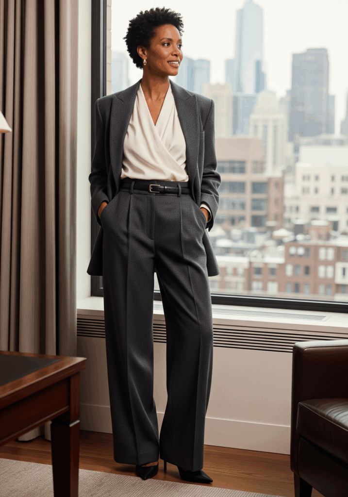 Wide-Leg Trousers & Silk Blouse