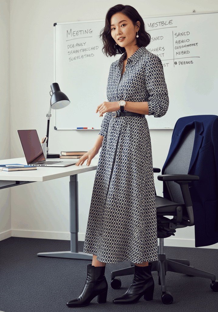 Elegant Midi Skirt Dress & Ankle Boots